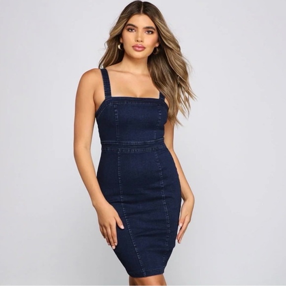 dd77 Dresses & Skirts - Dark Blue Denim Dress - size s but stretchy!!